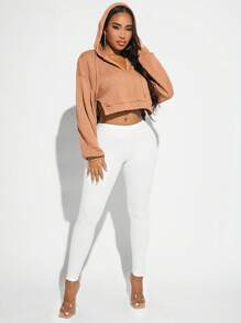 SHEIN SXY Ombro Caído Cordão Capuz Crop - Marrom Claro - Ver 4