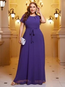 SHEIN Belle Plus Contrast Lace Belted Chiffon Dress - Mauve Purple - View 1