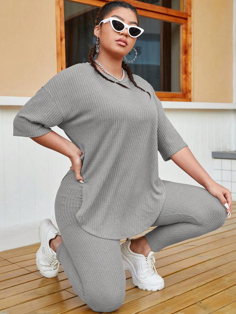 SHEIN EZwear Plus Solid Drop Shoulder Waffle Knit Top & Leggings - Light Grey - View 1
