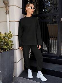 SHEIN Cottnline 纯色落肩运动衫和运动裤 - 黑色 - 查看 5