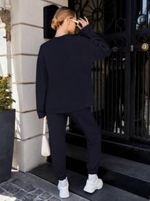 RueChic Solid Drop Shoulder Sweatshirt & Sweatpants - Navy Blue - View 2