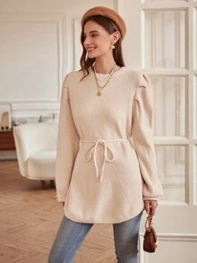 Aveloria Puff Sleeve Belted Knit Pullover Fall Winter Sweater - Beige - View 5