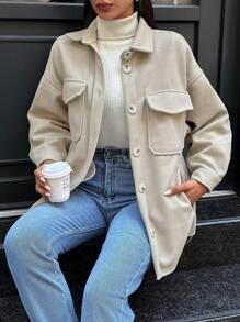 EURMUSE Flap Pocket Drop Shoulder Overcoat - Apricot - View 3