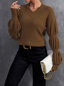 SHEIN Clasi 纯色罗纹针织落肩套头衫秋冬毛衣 - 棕色 - 查看 1