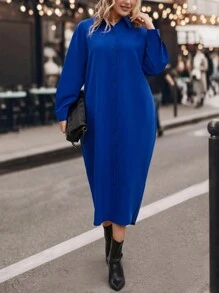 SHEIN LUNE 大碼落肩袖弧形下擺襯衫洋裝 - 寶藍色 - 查看 5