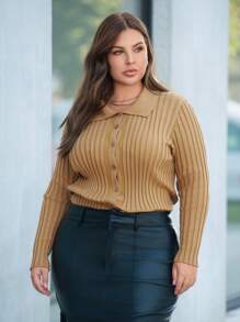 SHEIN Essnce Plus Cardigan Unicolore Côtelé À Bouton - Kaki - Voir 5