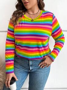 SHEIN CURVE+ Cộng với áo phông sọc cầu vồng - Nhiều màu - Xem 5