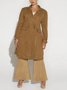 SHEIN SXY Plus Lapel Neck Double Button Placket Coat - Coffee Brown - View 4