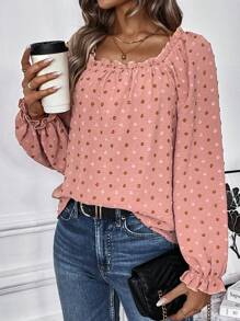 SHEIN LUNE Swiss Dot Flounce Sleeve Frill Trim Blouse