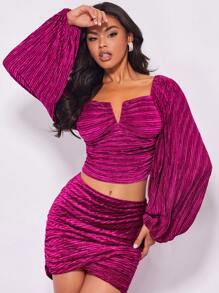 SHEIN BAE Notched Neckline Lantern Sleeve Crop Blouse - Hot Pink - View 3