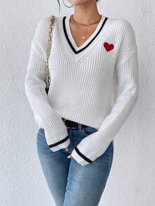 SHEIN Frenchy Thêu trái tim Sọc trang trí Thả vai Áo len - trắng - Xem 4