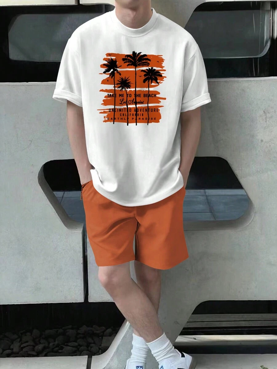 Manfinity Homme Men Tropical & Slogan Graphic Tee & Drawstring Waist Shorts, Cozy Outfits - Mustard Yellow - View 1