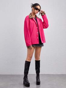 Manfinity VCAY 1pc Loose Fit Overcoat With Contrast Leopard Collar And Drop Shoulders, For Fall Winter - Pink - View 3