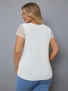 RueChic Plus Swiss Dot Contrast Lace Blouse - White - View 2