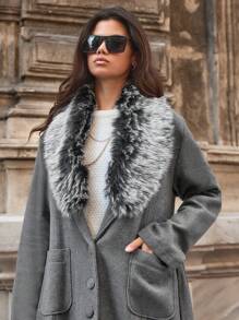 RueChic Plus Borg Collar Dual Pocket Belted Overcoat - Dark Grey - View 3