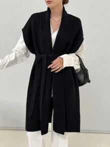 DAZY 1 件纯色蝙蝠袖开衫，休闲商务风格，秋季，无袖上衣 - 黑色 - 查看 3