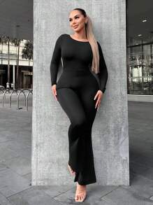 SHEIN SXY Mono liso con pierna acampanada y espalda descubierta - Negro - Ver 5