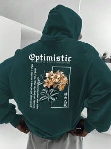 Manfinity LEGND 男士大码花和標語圖案袋鼠口袋抽繩連帽衫 - 墨綠色 - 查看 1