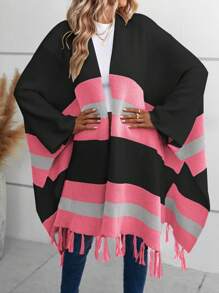 SHEIN LUNE Khối màu Fringe Hem tay cánh Áo len Mở - Nhiều màu - Xem 6