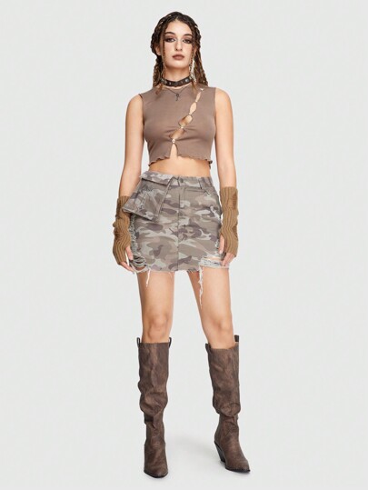 Grunge Punk Camo Print Ripped Raw Hem Denim Skirt