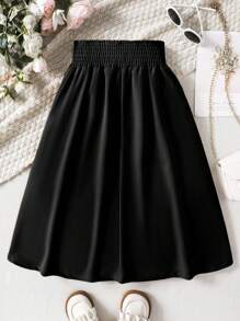 SHEIN Girls' Bowknot Flared Skirt, Sweet & Elegant, High Waist Design, Bowknot Decor, Flared Hem, Soft & Breathable