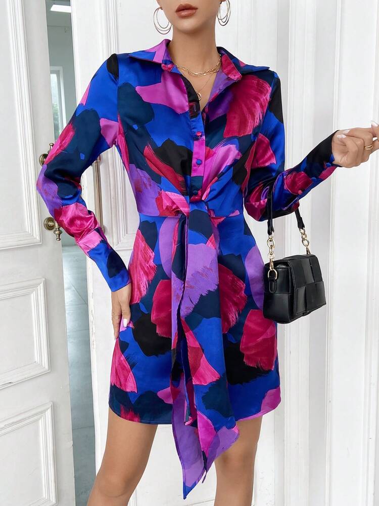 Allover Print Knot Front Shirt Dress