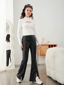 青少年女孩前鏤空T恤和下擺開叉長褲