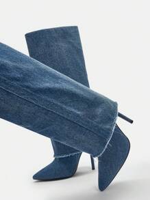 牛仔高跟尖頭長款靴子 - 藍色 - 查看 5