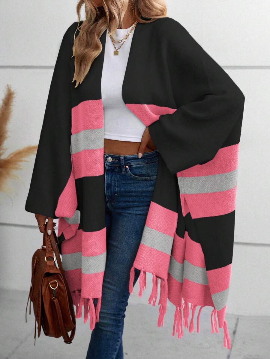 SHEIN LUNE Khối màu Fringe Hem tay cánh Áo len Mở - Nhiều màu - Xem 1