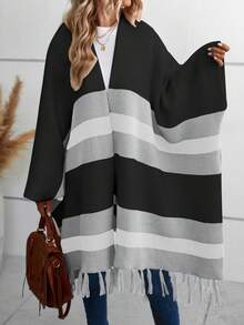 EMERY ROSE 拼色流苏下摆蝙蝠袖开衫 - 彩色 - 查看 6