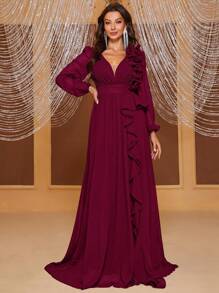 YISIKADO Plunging Neck Ruffle Trim Lantern Sleeve Dress - Burgundy - View 7