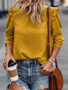 SHEIN LUNE Swiss Dot Button Back Ruffle Trim Blouse - Yellow - View 5