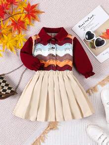 Baby Girl Chevron Print Flare Sleeve Shirt & Pleated Skirt - Multicolor - View 1