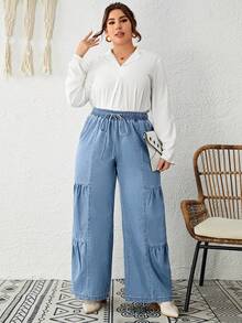 SHEIN LUNE Plus Drawstring Waist Ruched Wide Leg Jeans - Light Wash - View 3