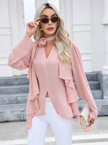 SHEIN Privé Chất rắn Viền Ruffle Viền chia cắt Áo sơ mi - Hồng - Xem 6