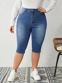 SHEIN LUNE Plus Zipper Fly Skinny Capri Jeans - Light Wash - View 4