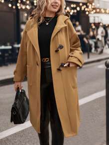 SHEIN LUNE Plus Dual Pocket Duffle Hooded Duffle Overcoat - Khaki - View 3