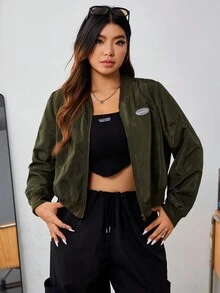 SHEIN EZwear 大碼字母補丁細節拉鏈開襟飛行員夾克 - 軍綠色 - 查看 2