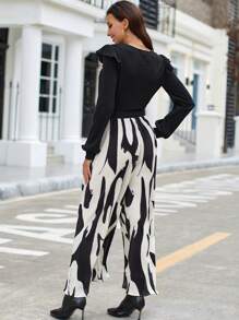 SHEIN Clasi Ruffle Trim Top & Graphic Print Belted Pants - Black and White - View 2