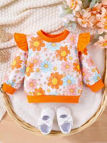 Bebé niña Sudadera con estampado floral ribete con fruncido - Naranja - Ver 1