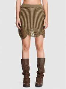 ROMWE Grunge Punk Summer Crochet Solid Ripped Sweater Skirt - Camel - View 1