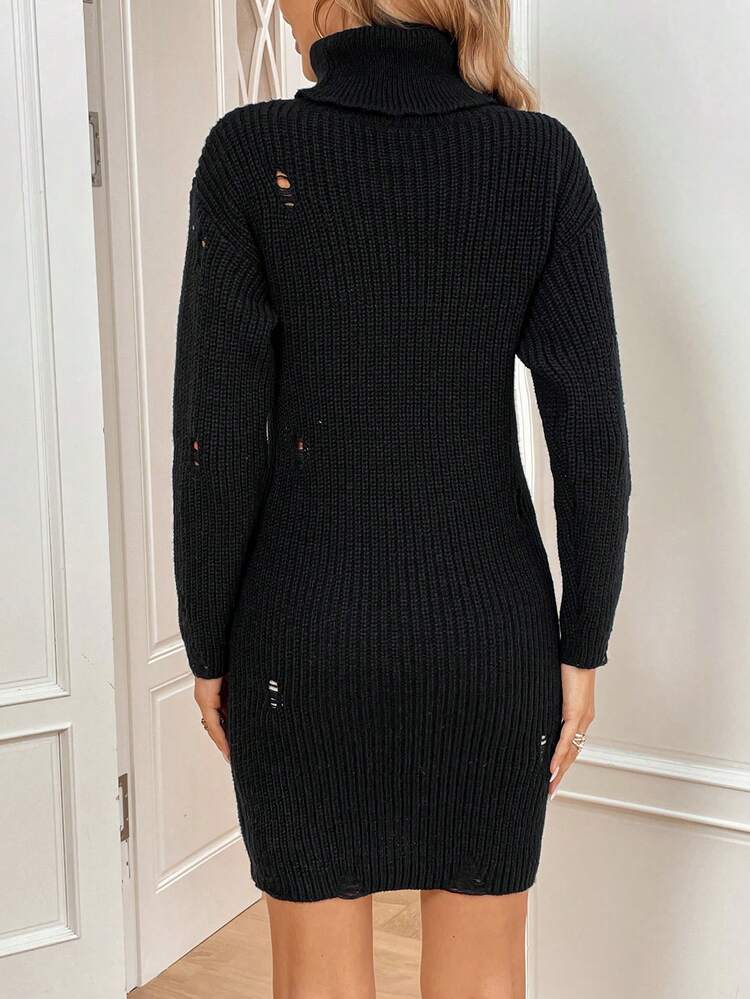 Turtleneck Ripped Drop Shoulder Sweater Dress Fall Cloth For Women