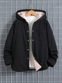 Tween Boy 1pc Pocket Patched Thermal Lined Hooded Coat - Black - View 1
