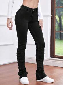 SHEIN Frenchy Slant Pocket Stacked Jeans Casual - Dark Grey - View 4