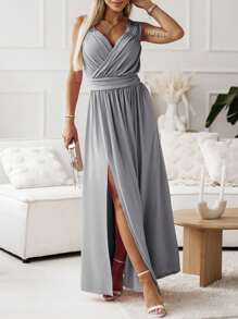 Solid Split Thigh Wrap Detail Split Thigh Dress - Grey - View 1