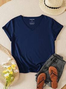 INAWLY Plus Solid V Neck Tee - Navy Blue - View 1
