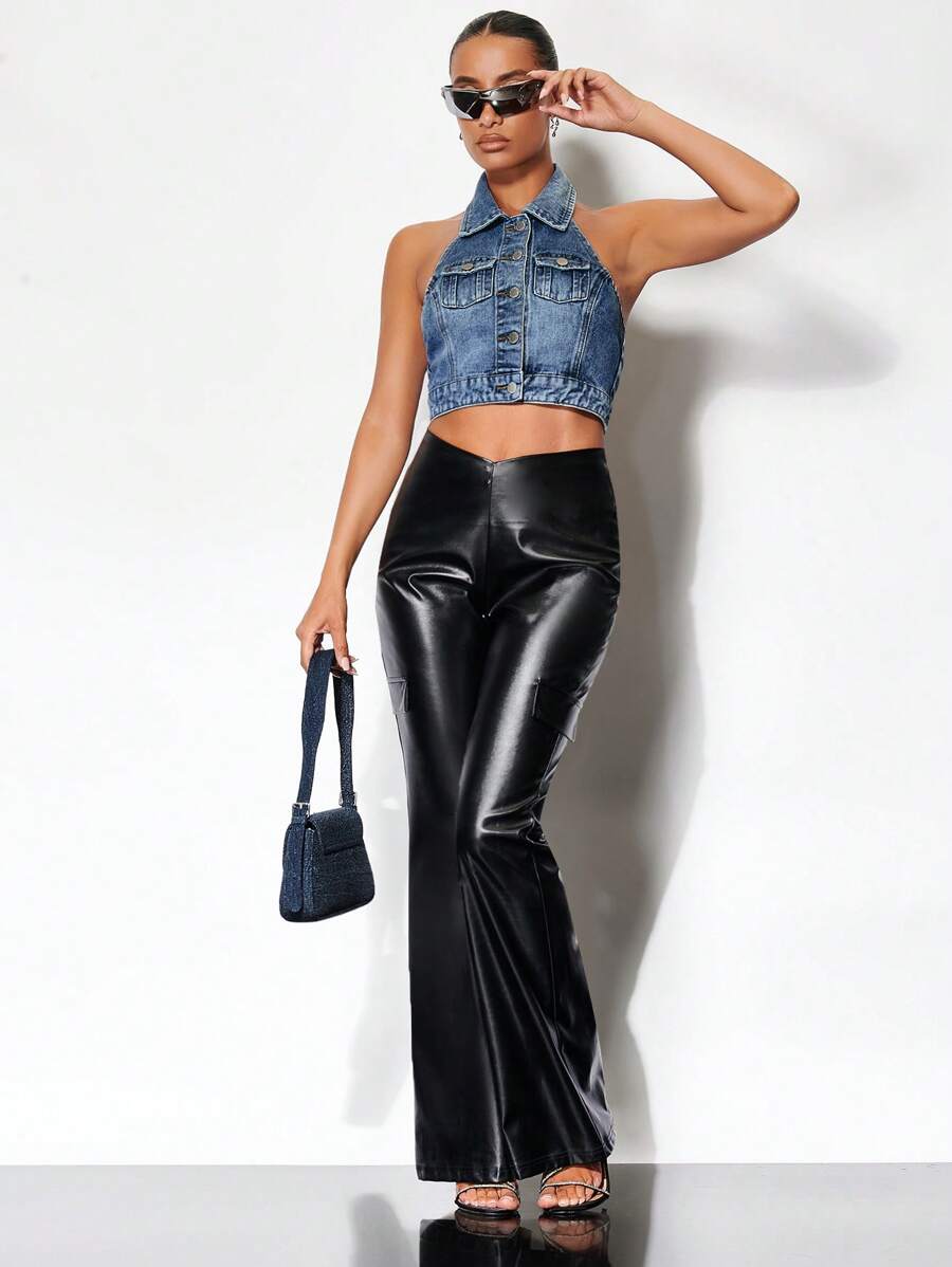 SHEIN BAE 翻蓋口袋前紐扣繞頸露背短款牛仔上衣 - 藍色 - 查看 1