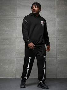 Manfinity VCAY Men Plus Skeleton Print Top-Stitching Hoodie & Sweatpants, For Fall Winter - Black - View 4