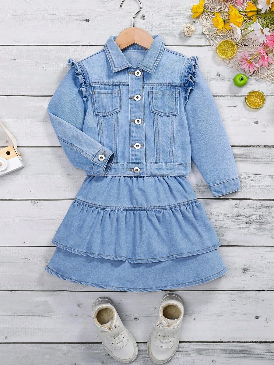 Young Girl Frill Trim Denim Jacket & Ruffle Hem Skirt - Medium Wash - View 1