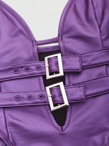 SHEIN ICON Buckle Front PU Leather Cami Bodysuit - Purple - View 3